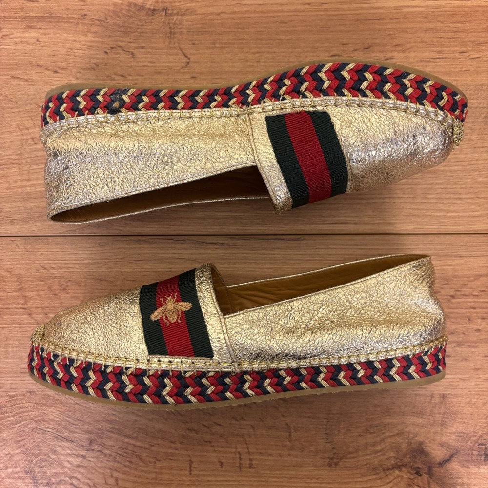 GUCCI Crinkled Leather Web Pilar Bee Espadrille Flat Gold Women Size 40 Slip On - Picture 9 of 14